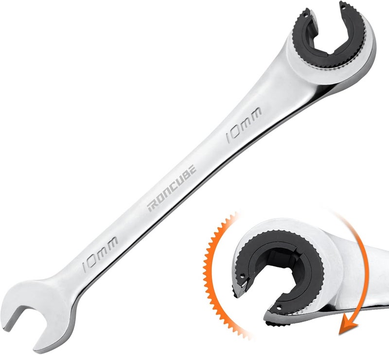 ironcube 10mm Brake Line Wrench Set: Metric Ratcheting Open-end for Nuts on Fuel, Brake or Air Conditioning Lines - Image 1